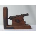 SO RUSTIC !! ONE VINTAGE WOODEN BOOKEND WITH PATTERNED METAL CANNON !! AS A DESKPIECE OR PROJECT !!