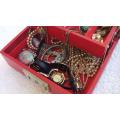 FUN TIME !! A LOVELY VINTAGE JEWELRY BOX WITH LOTS OF VINTAGE PIECES INCLUDING GEMSTONES !! WOW !!
