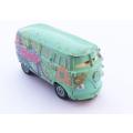A die cast metal model of a Volkswagen bus by Pixar for the movie Cars