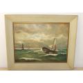 A large 1950`s vintage original oil on board seascape painting signed by the artist