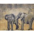 A vintage original oil on board painting of elephants signed Judy and dated 1973