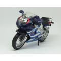 A super cool 1:24 scale die cast metal model of the Suzuki GSX-R750 sport bike motorcycle