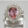 RING: pear CZ Morganite & CZ double halo, 19mm long, sterling silver. Ready for you. Last one!