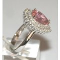 RING: pear CZ Morganite & CZ double halo, 19mm long, sterling silver. Ready for you. Last one!