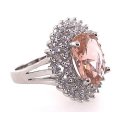 RING: oval CZ Morganite, double CZ halo, 23mm long, sterling silver