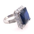 RING: square simulated Blue Sapphire & a CZ halo, sterling silver GLAMOROUS