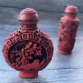 RARE ANTIQUE CHINESE RED CORAL HAND CARVED SNUFF BOTTLE X 2