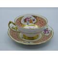 PARAGON VINTAGE DUSTY PINK AND GOLD TEA CUP AND SAUCER WITH CABBAGE ROSES.