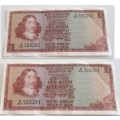 2 CRISPY SOUTH AFRICAN R1 BANKNOTES IN SEQUENCE AND 4 SILVER COINS. 1925,1955 and 2x1934