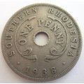 A 1938 SOUTHERN RHODESIA PENNY---LOW MINTAGE 240,000