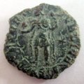 AN ANCIENT COIN. SOLDIER HOLDING GLOBE AND SPEAR----337 to 361 AD ( A )