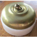 VINTAGE BRASS AND PORCELAIN LIGHT SWITCH, MADE IN ENGLAND, COULD BE AN INTERESTING PAPERWEIGHT !!!
