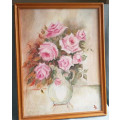 FRAMED OIL ON BOARD PAINTING OF ROSES, SHADES OF PINK