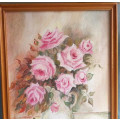 FRAMED OIL ON BOARD PAINTING OF ROSES, SHADES OF PINK
