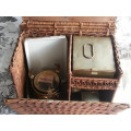 FOR AUTOMOBILE ENTHUSIASTS ...DREWS ANTIQUE, VICTORIAN WICKER PICNIC BASKET WITH TEA MAKING CONTENTS