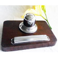 ANTIQUE, ART DECO WOODEN TEAK ?  CHROME PEN REST AND INK WELL WITH SPRING LOADED LID