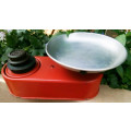 VINTAGE, RED PAINTED KITCHEN BALANCE SCALE WITH WEIGHTS, ALUMINIUM  DISH, WORKING.