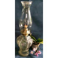 COMPLETE, EARLY 1900s DETAILED PRESSED GLASS KEROSENE / OIL BURNING LAMP. COLD PAINTED DETAIL