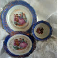 MINIATURE ROMANTIC COURTING COUPLE SCENE, TRIO WITH GILDED HAND PAINTED DETAIL