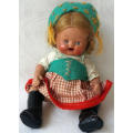 VINTAGE, TINY COMPOSITE DOLL IN EXCELLENT USED  CONDITION, WITH ORIGINAL CLOTHES, OPEN SHUT EYES,.