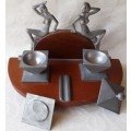 ART DECO, DESK TIDY AND PEN REST, GLAMOUROUS PEWTER LADYS AND LIDDED POTS ON WOODEN STAND.