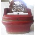 1900`s CHINESE WOODEN LUNCH BOX, PAINTED RED WITH CARVED HANDLE TOUCHED WITH GOLD