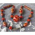 VINTAGE, MURANO LOOKING OR CERAMIC ??? BEADED NECKLACE,   IN COLOURFUL BURSTS OF AUTUMN COLOURS