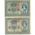 Austria 1902 Blue 1000 Kronen notes - 2 varieties overstamp ` deutschosterreich `