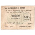 WW2 Government of Ceylon 25 cents ( 5 Rupees ) TOKEN NOTE - uniface