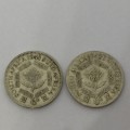 South Africa 1941 and 1942 Six pence coins with cracked die - errors