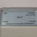 1952 South Africa 6 pence graded MS 67 by NNC - rare in MS 67