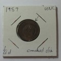 South Africa 1957 farthing UNC - cracked die reverse