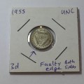 South Africa 1955 UNC 3d ERROR coin both sides edge faults