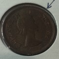 South Africa 1953 UNC farthing - planchet flaw obverse under E of Regina