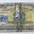 South West Africa Barclays Bank one pound banknote - 30 November 1954 - well used