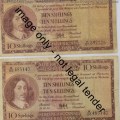 MH de Kock 3rd issue Ten Shillings lot of 6 notes - 1954, 1955, 1956, 1957, 1958, 1959