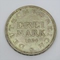 1924 G Germany Weimar Republic Drei Mark XF+
