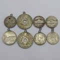 Lot of 8 coins made into pendants - Some silver in here