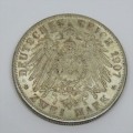 1907 German states Baden silver 2 Mark uncirculated - Bag marks - Full mint lustre
