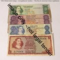 Old South Africa R1, R2, R5 and R10 banknotes