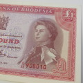 Rhodesia 1968 One Pound note UNC but light creases - sold as AU note