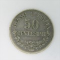 1863 Italy 50 Centesimi `N` mintmark - VF