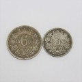 1896 ZAR Paul Kruger 3d and 6d well used tickey and sixpence