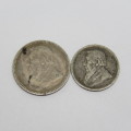 1896 ZAR Paul Kruger 3d and 6d well used tickey and sixpence