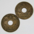 1941 set of 2 East Africa 5 Cent coins - `I` mintmark and no mintmark