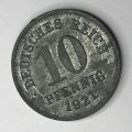 1921 German 10 Pfennig - error coin - zinc residue on rim - AU