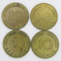 1949 German 10 pfennig coins with mintmarks D, F, G, J - sold as a lot