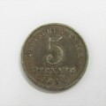 1916 German Empire 5 Pfennig with `G` mintmark - cracked die through shield