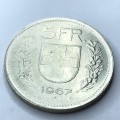1967 Switzerland 5 Francs - SCARCE variety xxxxx dominus providebit (b) B- UNC