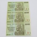 Zimbabwe $ 500 000 - Harare 2008 uncirculated - Lot of 3 with numbers AA, AB and AC ZW 112